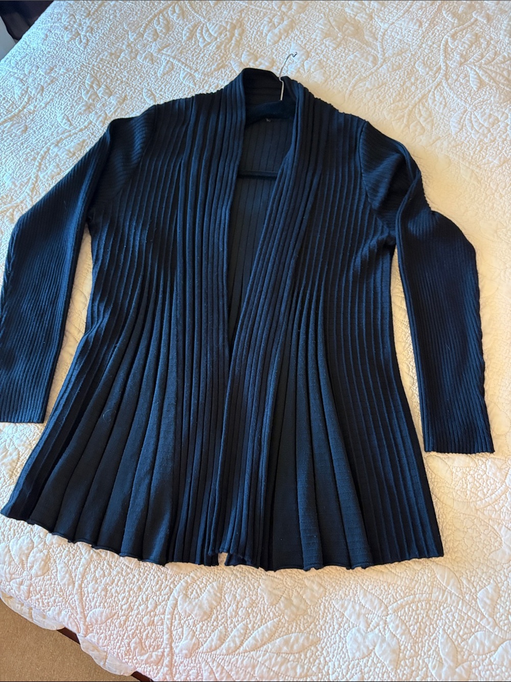 Women's Black Ribbed and Flaired Open-Front Sweater Cardigan